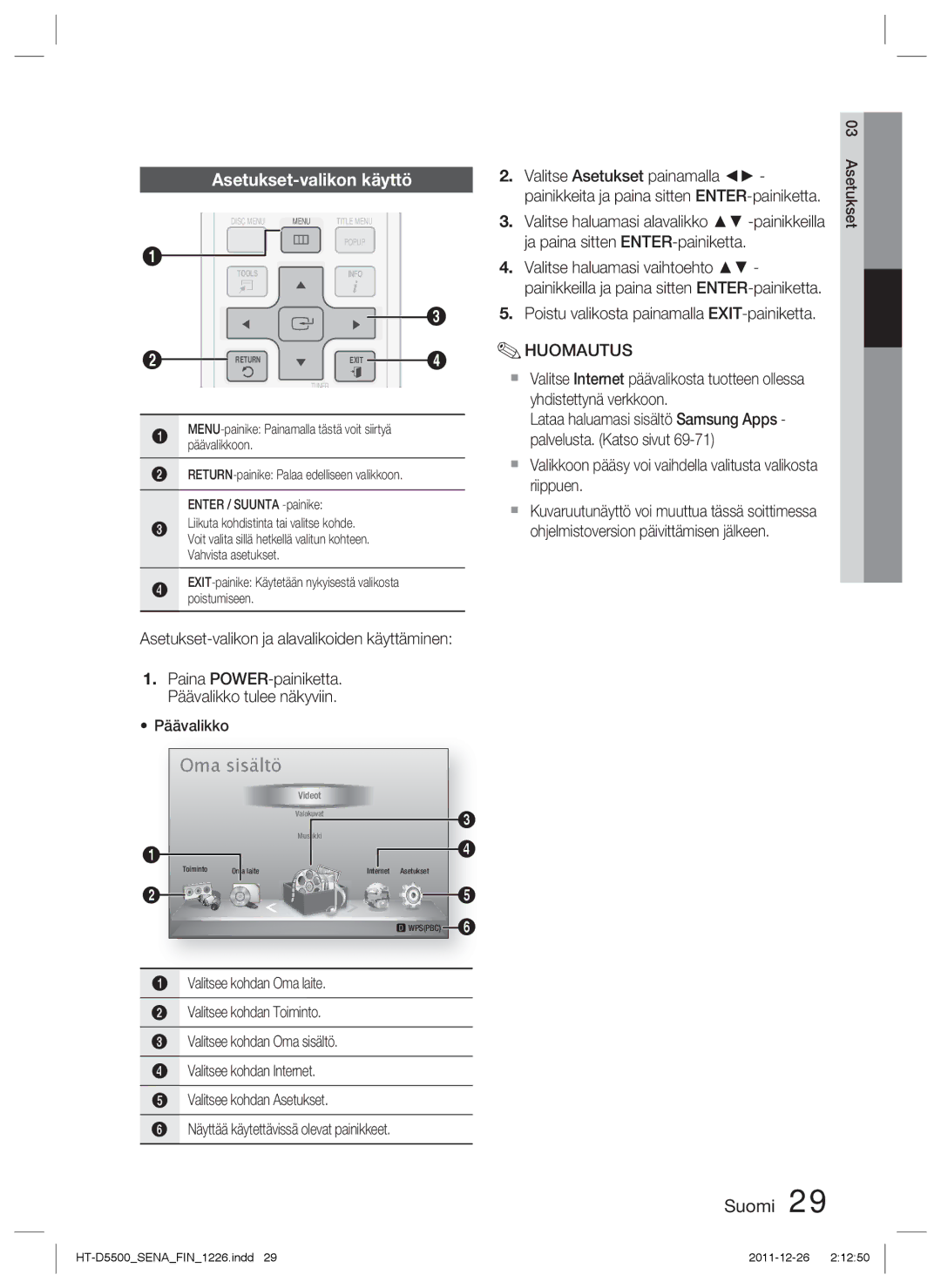 Samsung HT-D5550/XE, HT-D5530/XE, HT-D5500/XE manual Asetukset-valikon käyttö 