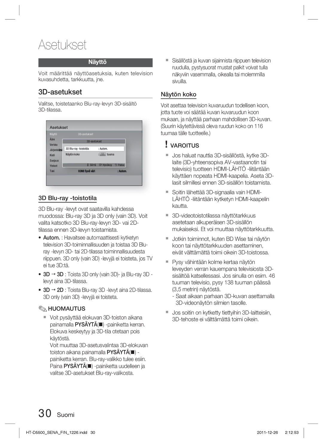 Samsung HT-D5530/XE, HT-D5500/XE, HT-D5550/XE manual 3D-asetukset, Näyttö, 3D Blu-ray -toistotila, Näytön koko 