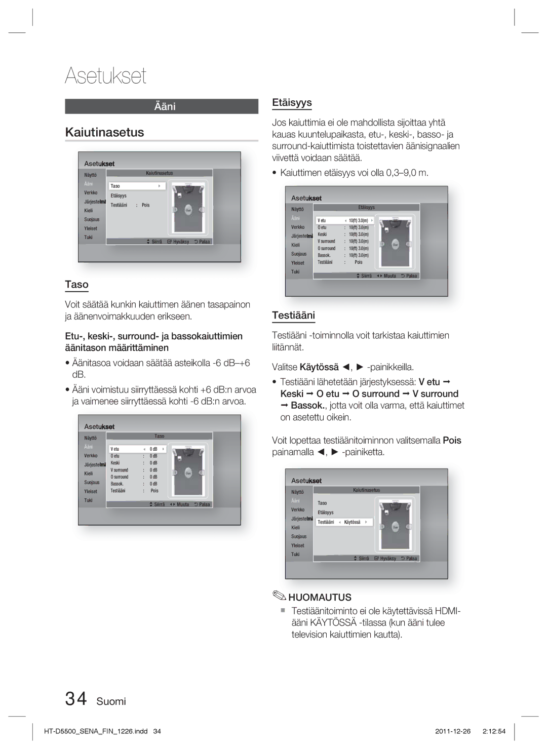 Samsung HT-D5500/XE, HT-D5530/XE, HT-D5550/XE manual Kaiutinasetus, Taso, Etäisyys, Testiääni 