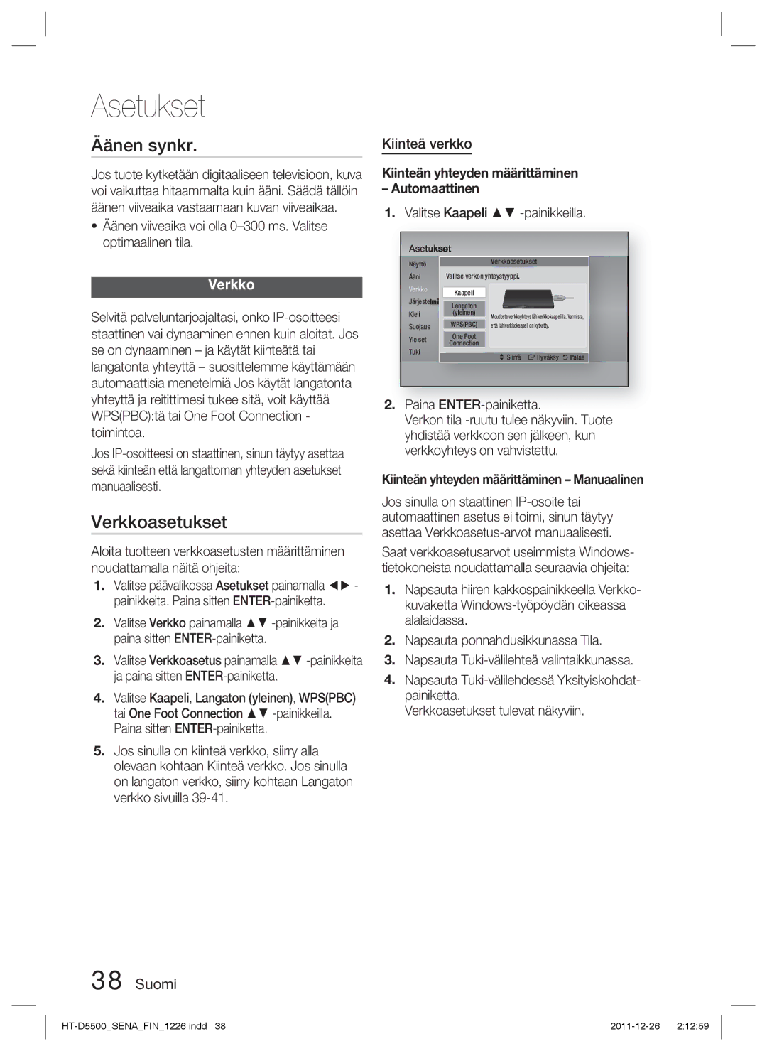 Samsung HT-D5550/XE, HT-D5530/XE, HT-D5500/XE manual Äänen synkr, Verkkoasetukset, Kiinteä verkko 