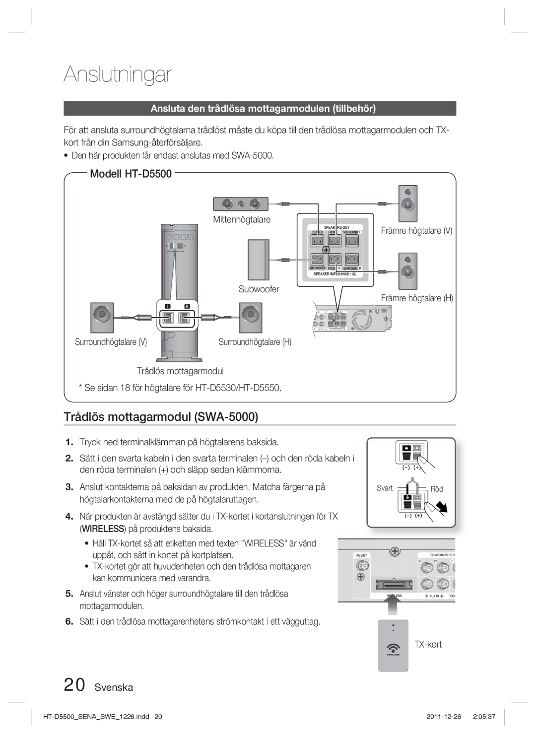 Samsung HT-D5550/XE manual Trådlös mottagarmodul SWA-5000, Ansluta den trådlösa mottagarmodulen tillbehör, Mittenhögtalare 