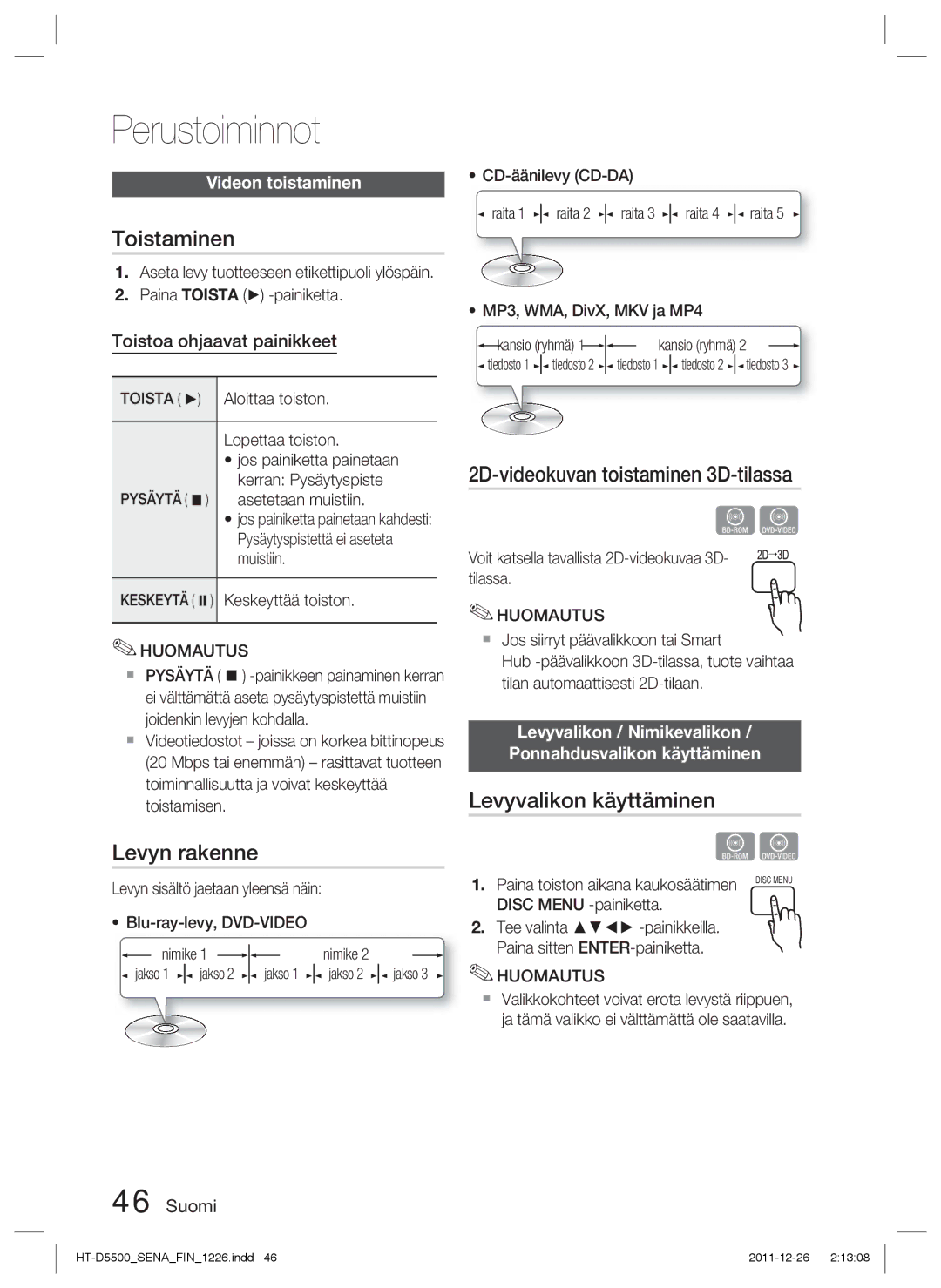 Samsung HT-D5500/XE, HT-D5530/XE manual Perustoiminnot, Toistaminen, Levyn rakenne, 2D-videokuvan toistaminen 3D-tilassa 