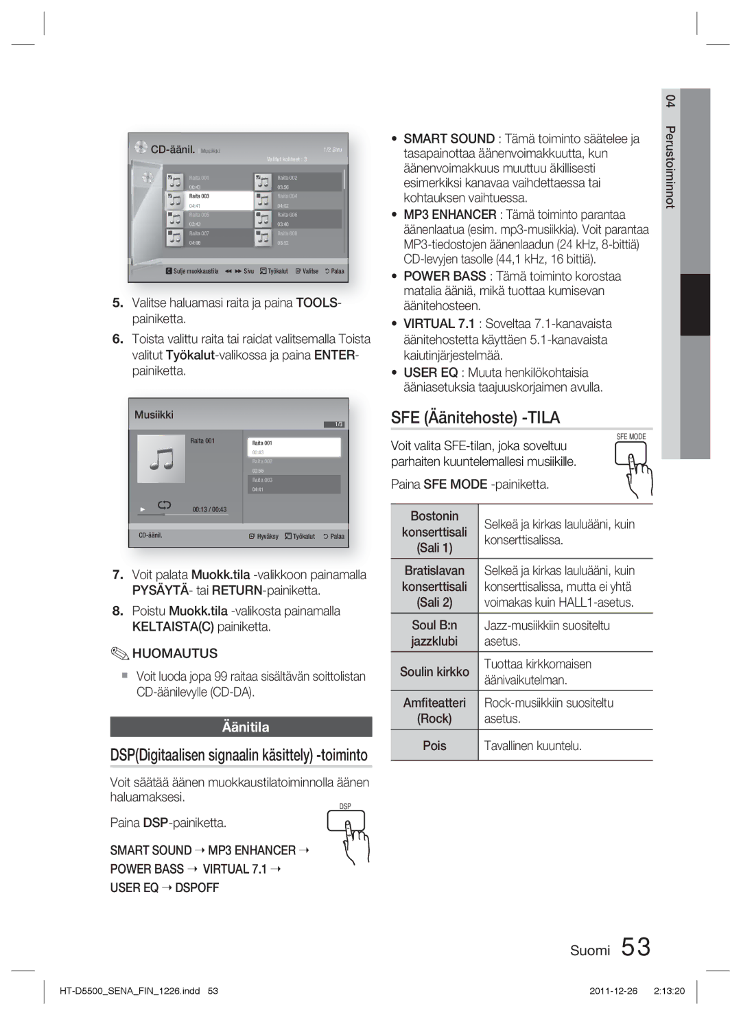 Samsung HT-D5550/XE, HT-D5530/XE, HT-D5500/XE manual SFE Äänitehoste -TILA, Äänitila 