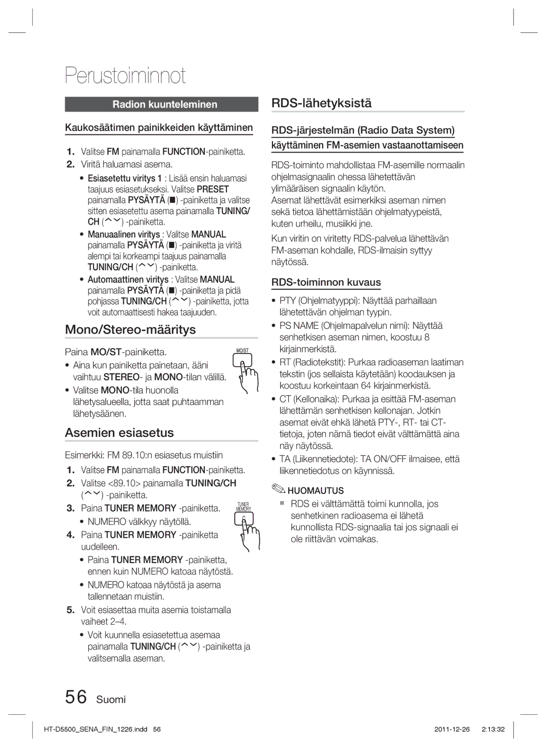 Samsung HT-D5550/XE, HT-D5530/XE manual Mono/Stereo-määritys, Asemien esiasetus, RDS-lähetyksistä, Radion kuunteleminen 