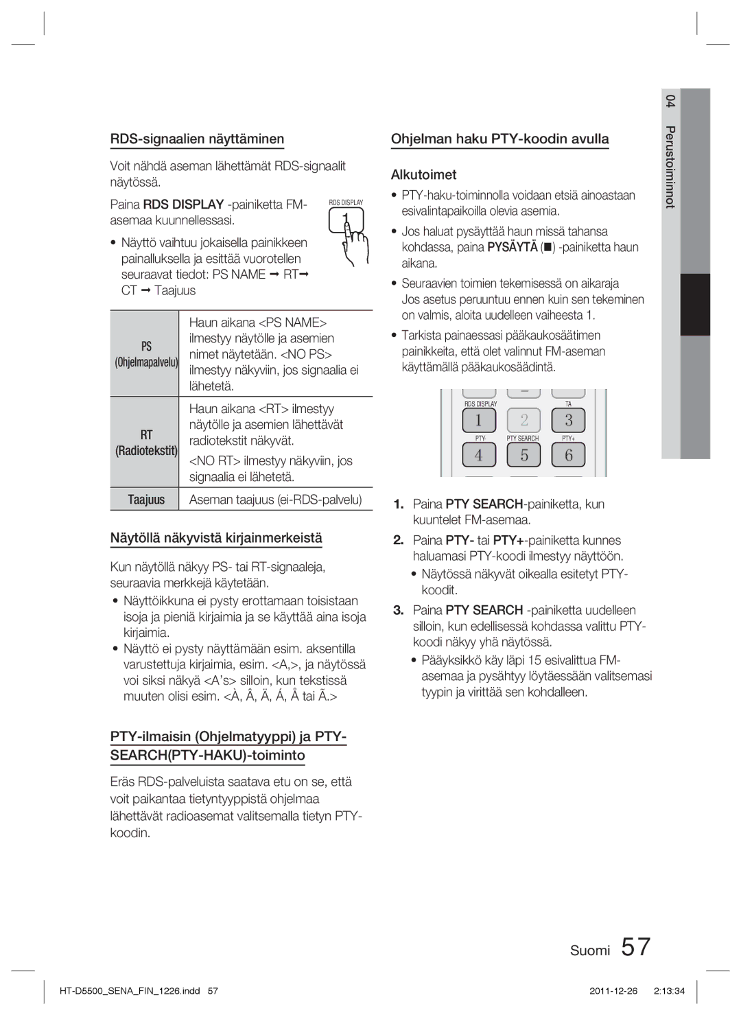 Samsung HT-D5530/XE manual RDS-signaalien näyttäminen, Näytöllä näkyvistä kirjainmerkeistä, Ohjelman haku PTY-koodin avulla 