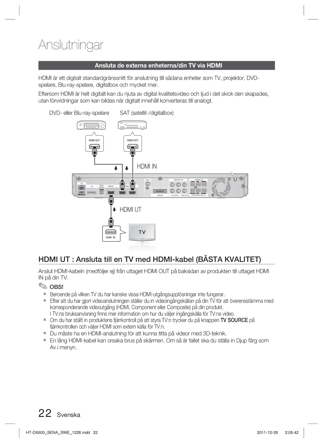 Samsung HT-D5500/XE Hdmi UT Ansluta till en TV med HDMI-kabel Bästa Kvalitet, Ansluta de externa enheterna/din TV via Hdmi 