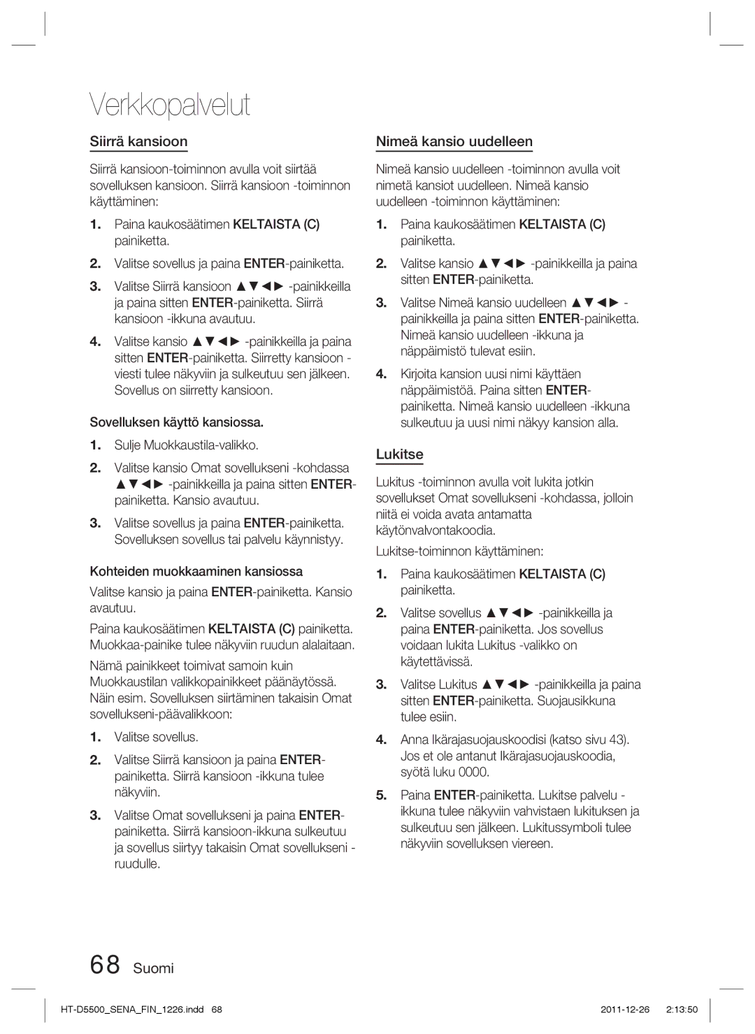 Samsung HT-D5550/XE, HT-D5530/XE, HT-D5500/XE manual Siirrä kansioon, Nimeä kansio uudelleen, Lukitse 