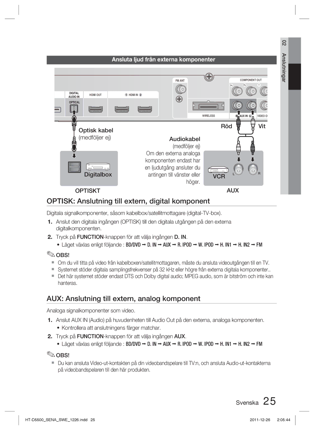 Samsung HT-D5500/XE manual Optisk Anslutning till extern, digital komponent, AUX Anslutning till extern, analog komponent 