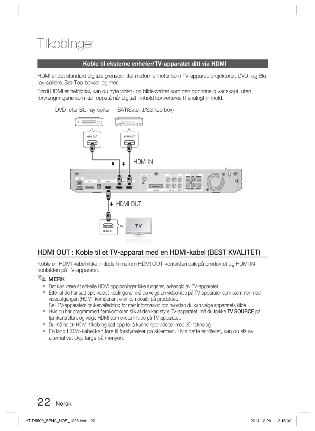 Samsung HT-D5500/XE, HT-D5530/XE manual Koble til eksterne enheter/TV-apparatet ditt via Hdmi, SATSatellitt/Set top box 