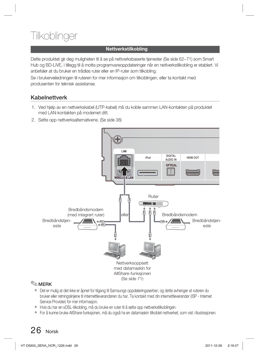 Samsung HT-D5550/XE, HT-D5530/XE, HT-D5500/XE Nettverkstilkobling, Ruter, Med datamaskin for AllShare-funksjonen Se side 