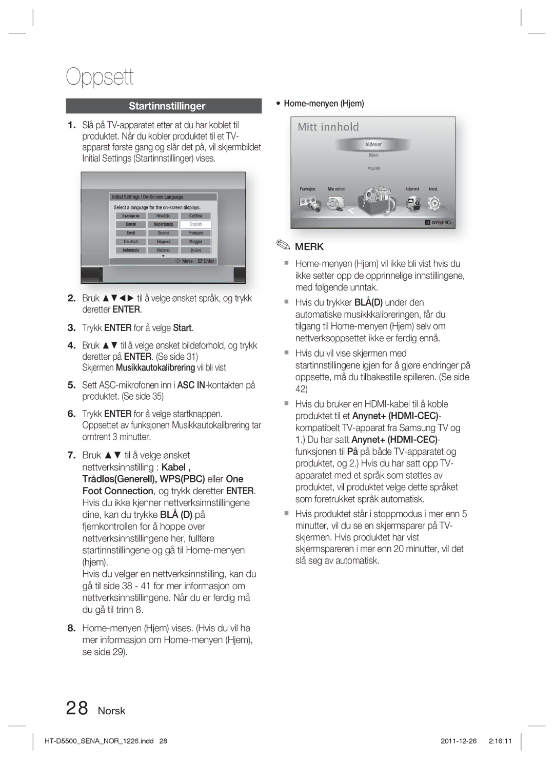 Samsung HT-D5500/XE, HT-D5530/XE, HT-D5550/XE manual Oppsett, Startinnstillinger 