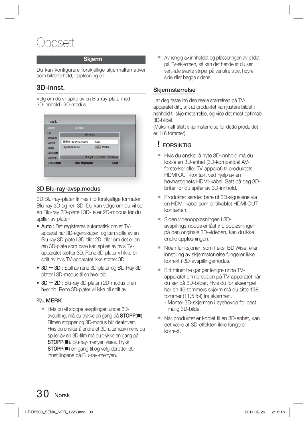 Samsung HT-D5530/XE, HT-D5500/XE, HT-D5550/XE manual 3D-innst, 3D Blu-ray-avsp.modus, Skjermstørrelse 