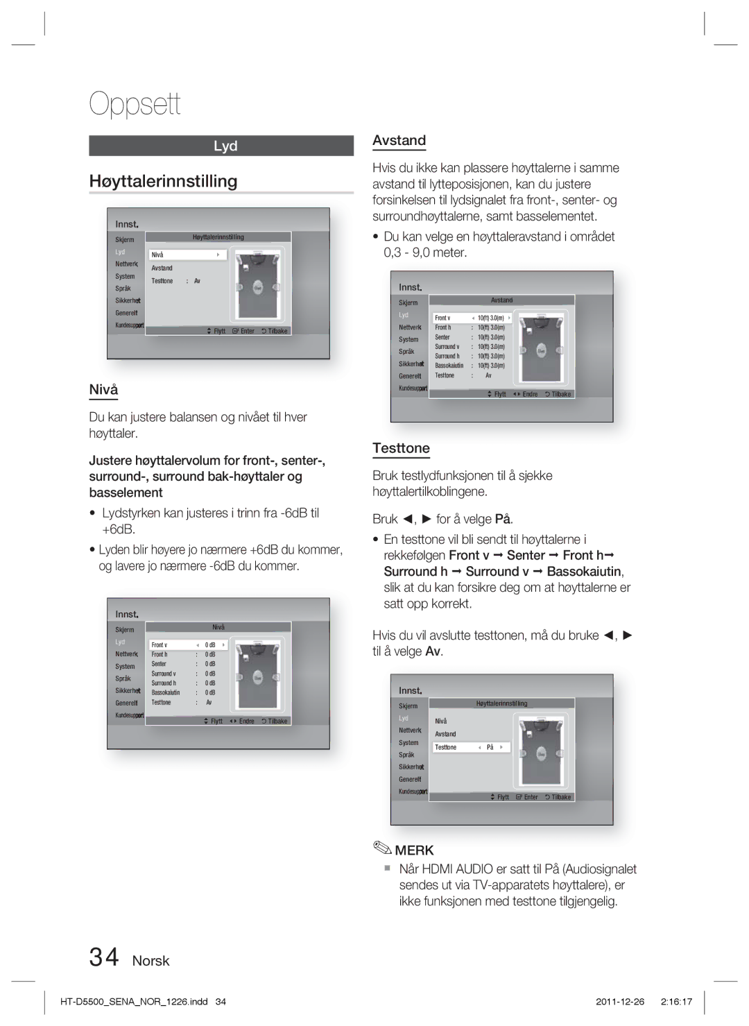 Samsung HT-D5500/XE, HT-D5530/XE, HT-D5550/XE manual Høyttalerinnstilling, Norsk Avstand, Testtone 