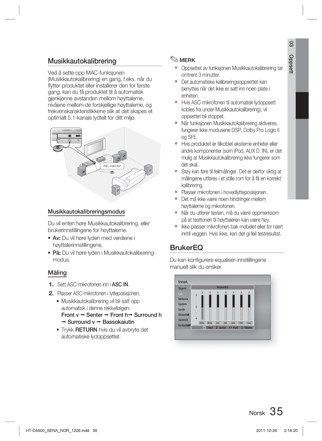 Samsung HT-D5550/XE, HT-D5530/XE, HT-D5500/XE manual BrukerEQ, Musikkautokalibreringsmodus, Måling 