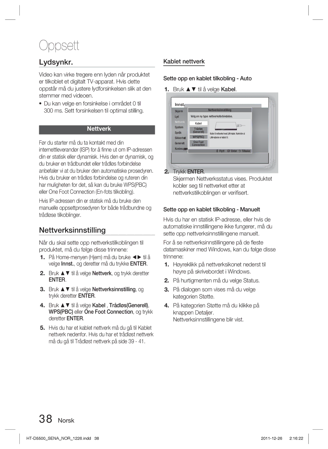 Samsung HT-D5550/XE, HT-D5530/XE, HT-D5500/XE manual Lydsynkr, Nettverksinnstilling, Kablet nettverk 