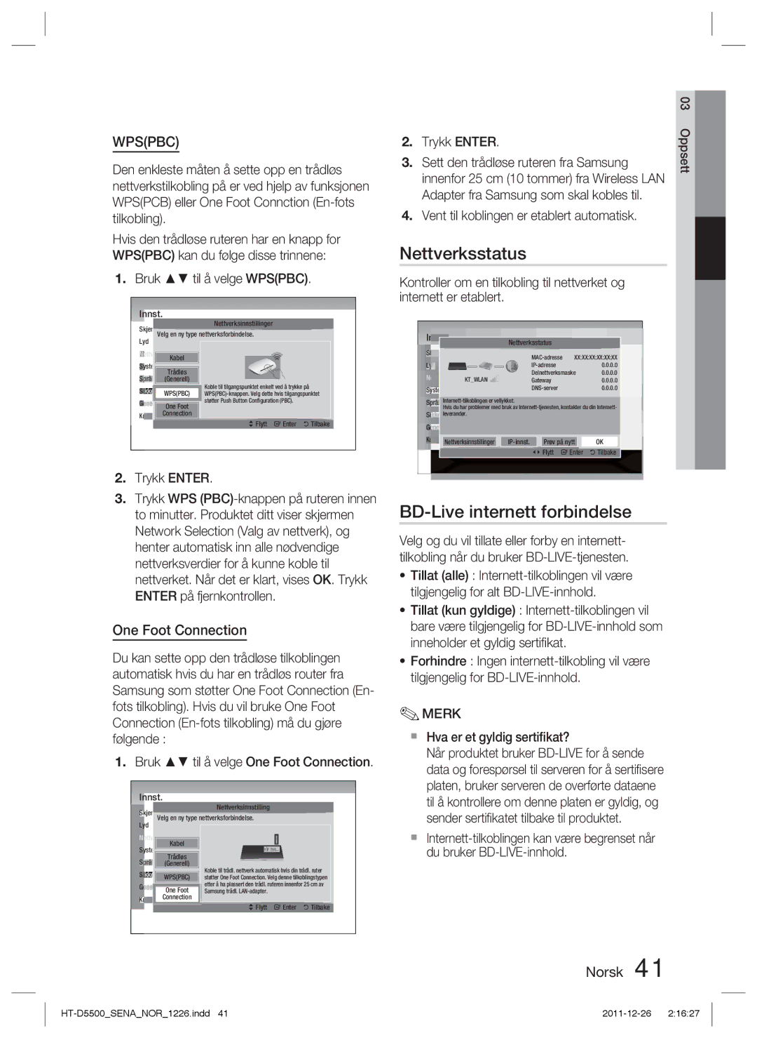 Samsung HT-D5550/XE, HT-D5530/XE, HT-D5500/XE manual Nettverksstatus, BD-Live internett forbindelse 