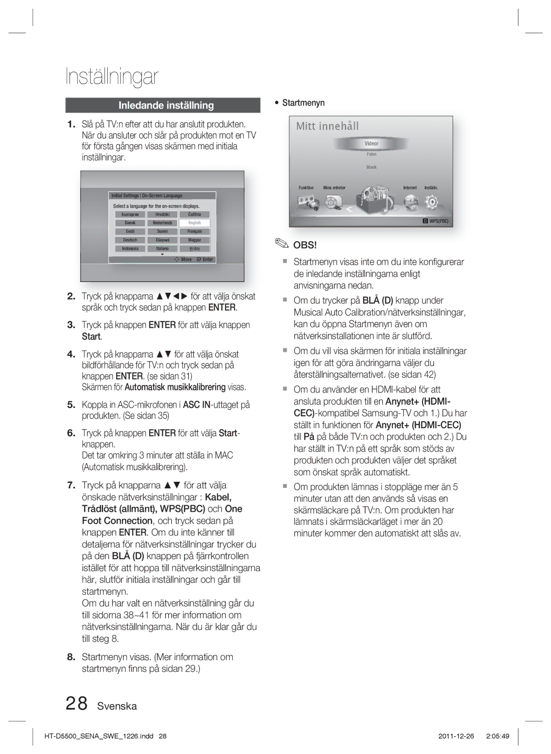 Samsung HT-D5500/XE Inställningar, Inledande inställning, Tryck på knappen Enter för att välja knappen Start, Startmenyn 