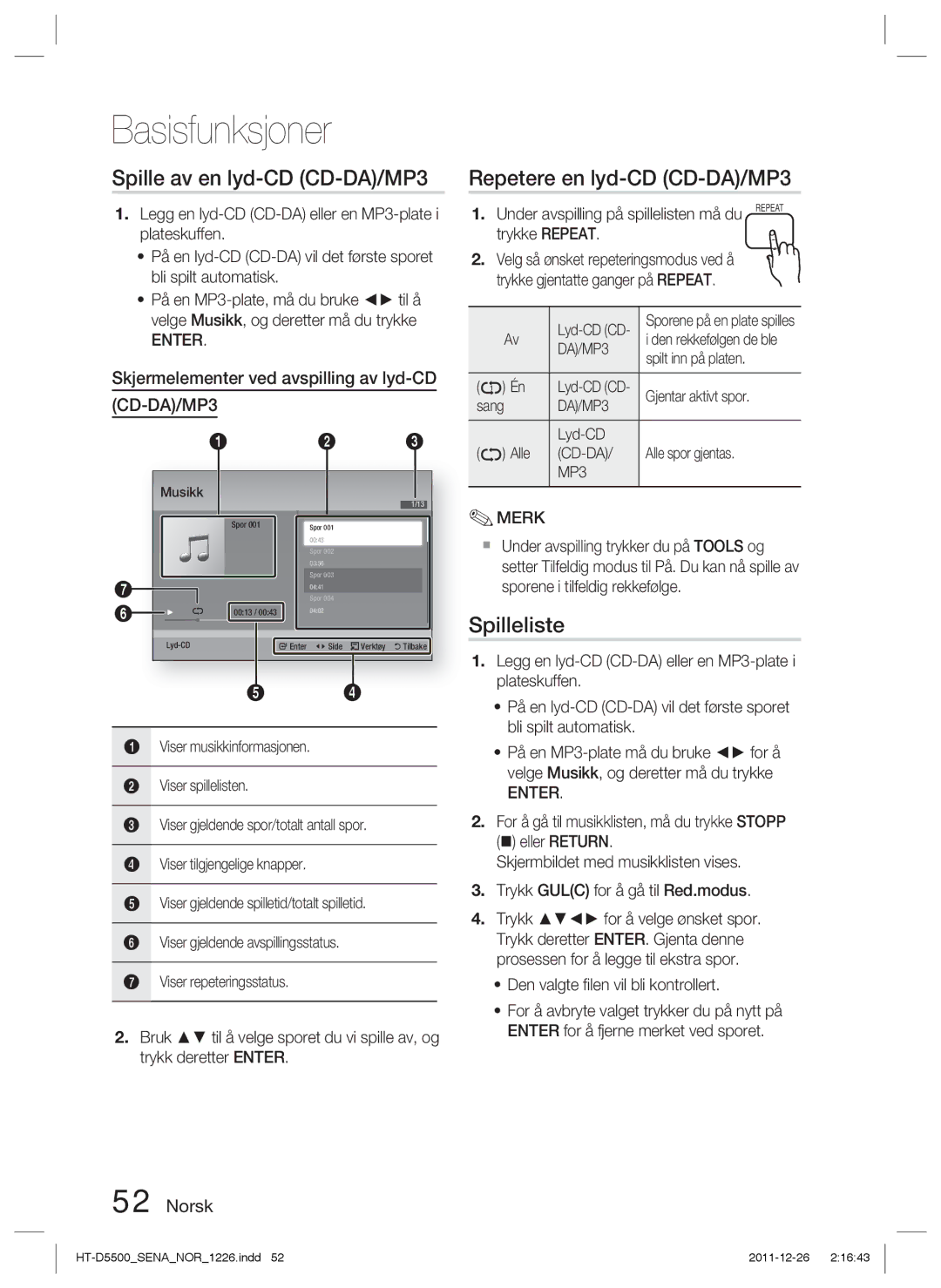 Samsung HT-D5500/XE, HT-D5530/XE, HT-D5550/XE manual Spille av en lyd-CD CD-DA/MP3, Repetere en lyd-CD CD-DA/MP3, Spilleliste 