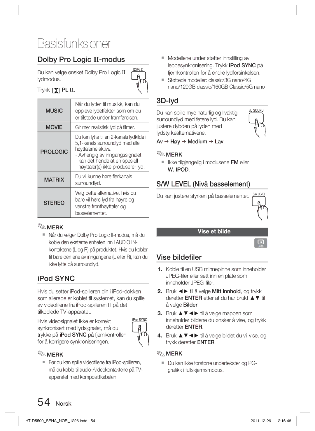 Samsung HT-D5530/XE, HT-D5500/XE manual Dolby Pro Logic II-modus, Level Nivå basselement, Vise bildeﬁler, Vise et bilde 