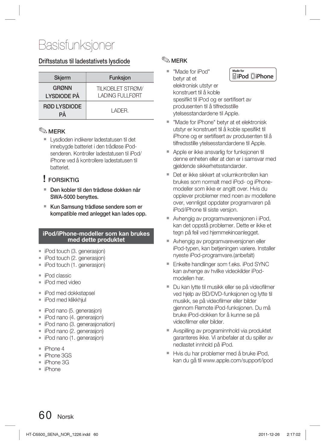 Samsung HT-D5530/XE manual Driftsstatus til ladestativets lysdiode, IPod/iPhone-modeller som kan brukes Med dette produktet 