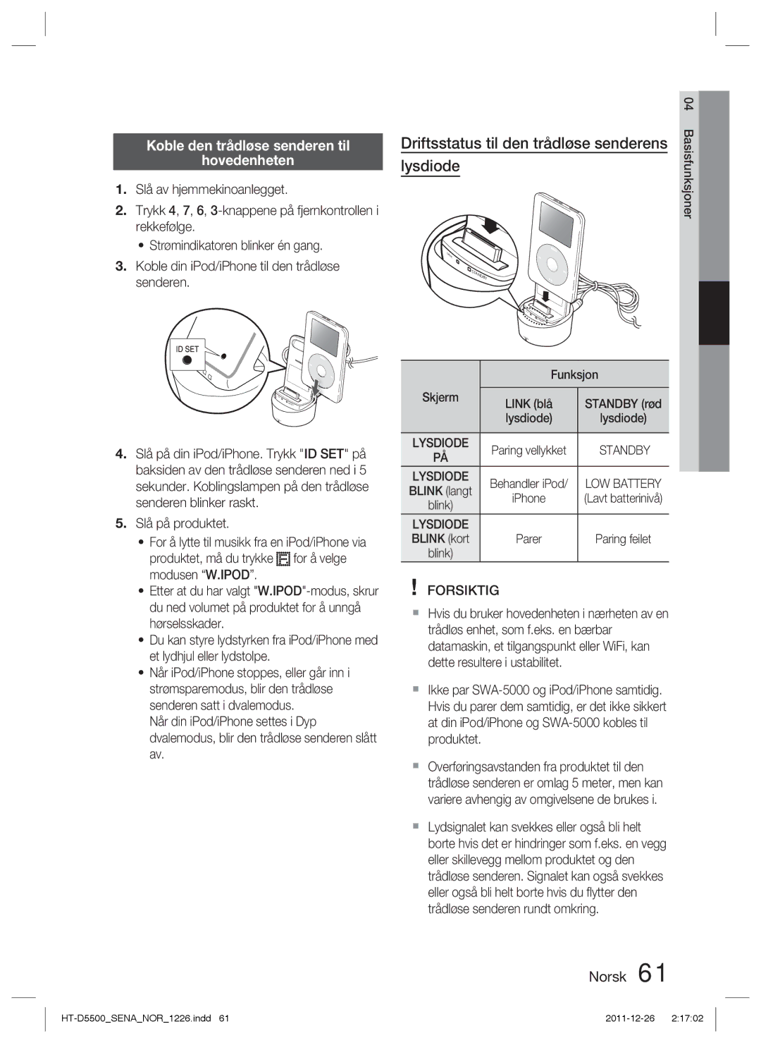 Samsung HT-D5500/XE manual Driftsstatus til den trådløse senderens, Lysdiode, Koble den trådløse senderen til Hovedenheten 