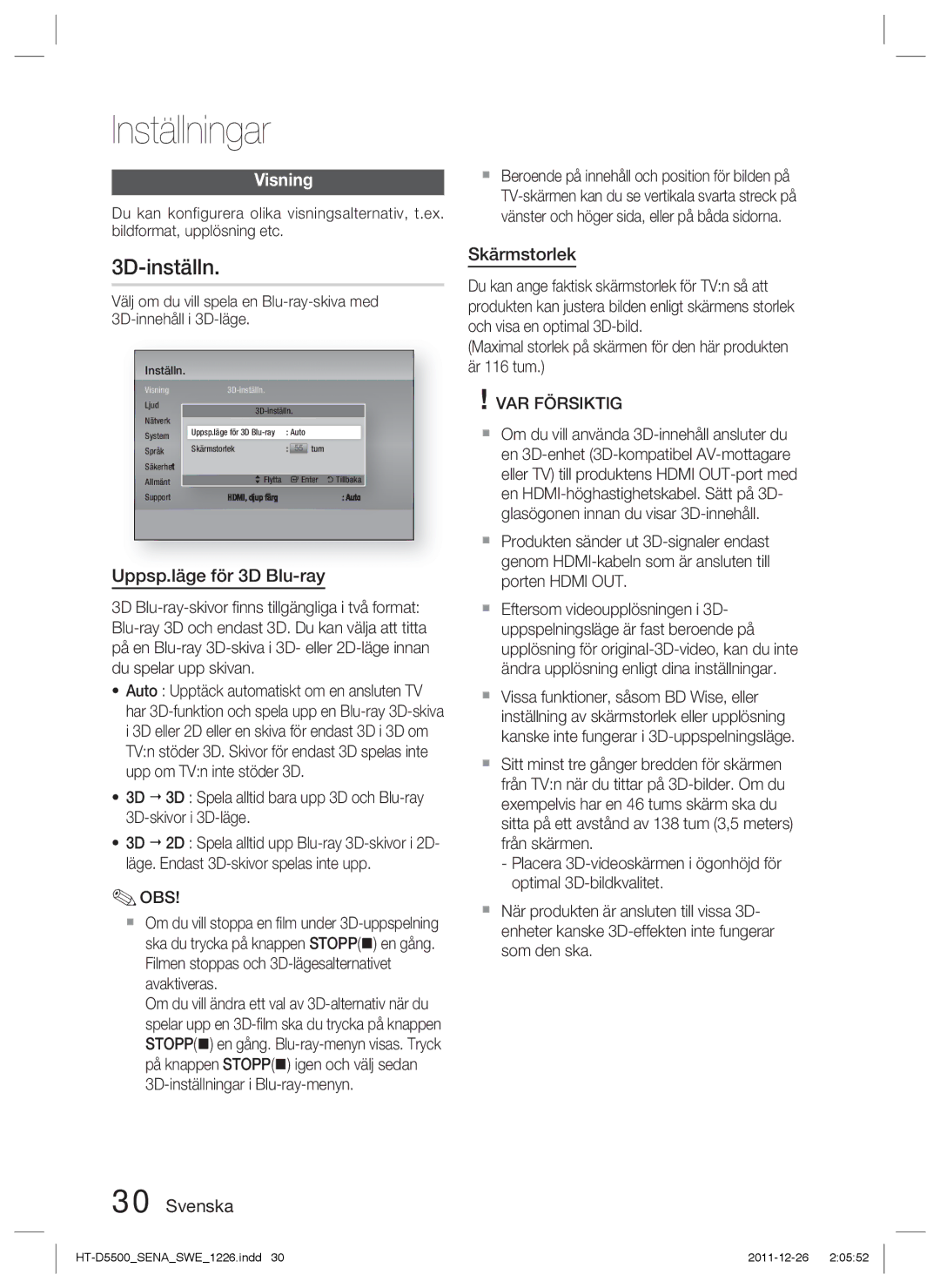 Samsung HT-D5530/XE, HT-D5500/XE, HT-D5550/XE manual 3D-inställn, Visning, Uppsp.läge för 3D Blu-ray, Skärmstorlek 