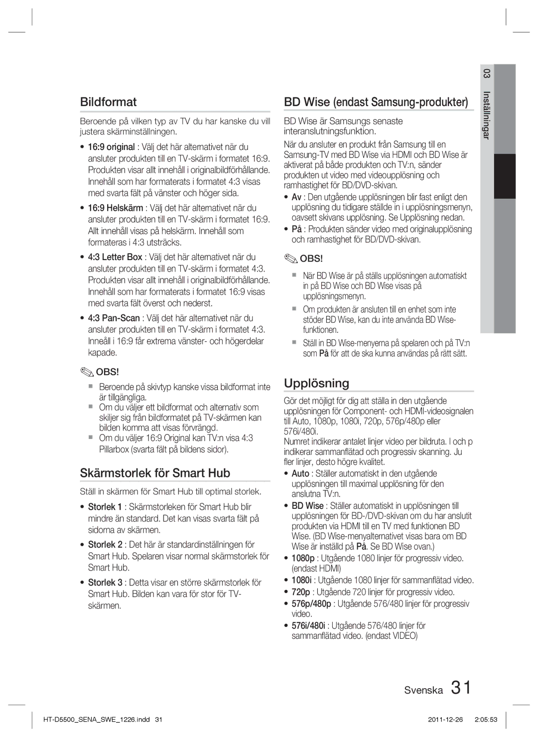 Samsung HT-D5500/XE, HT-D5530/XE manual Bildformat, Skärmstorlek för Smart Hub, Upplösning, BD Wise endast Samsung-produkter 