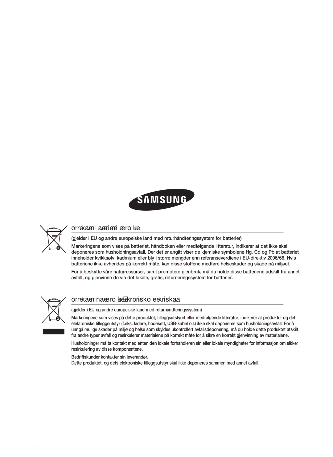 Samsung HT-D5500/XE, HT-D5530/XE, HT-D5550/XE manual Korrekt avhendig av batteriene i dette produktet 