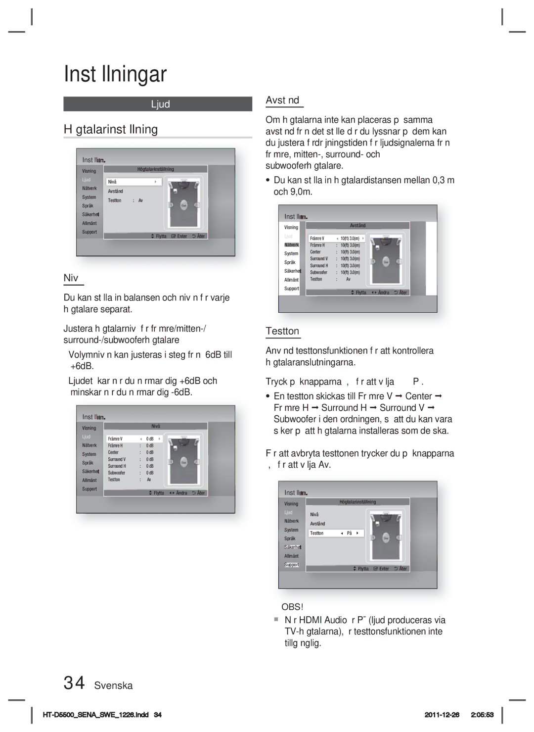 Samsung HT-D5500/XE, HT-D5530/XE, HT-D5550/XE manual Högtalarinställning, Nivå, Svenska Avstånd, Testton 