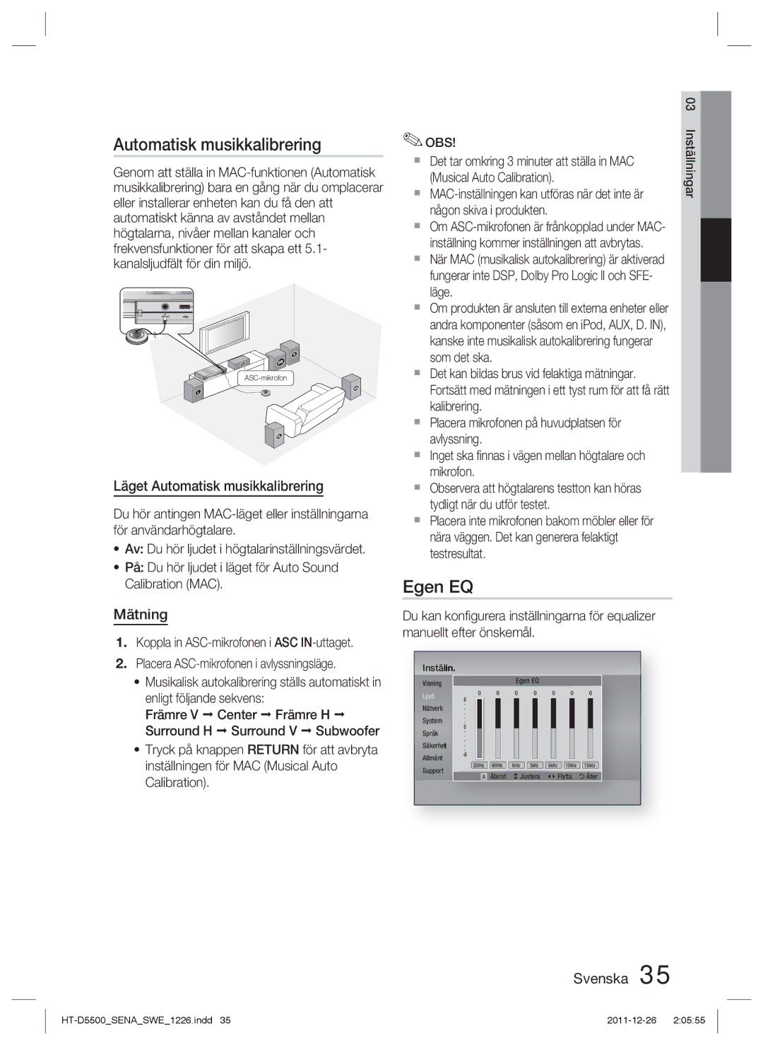 Samsung HT-D5550/XE, HT-D5530/XE, HT-D5500/XE manual Egen EQ, Läget Automatisk musikkalibrering, Mätning, Obs 