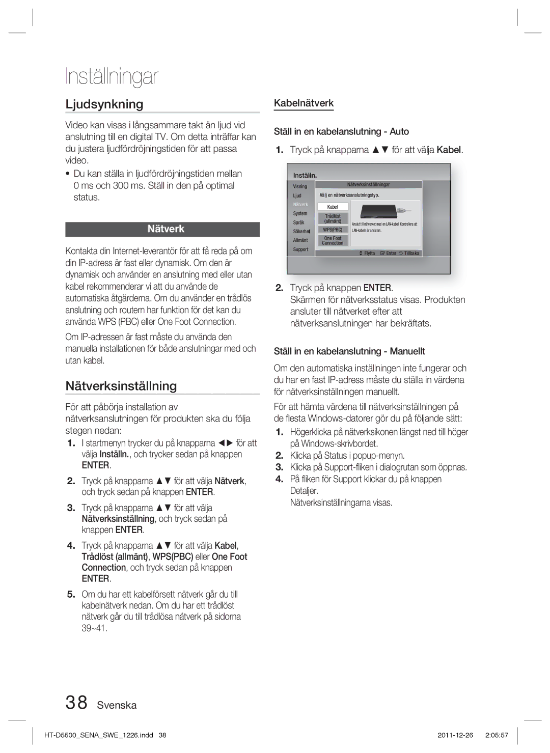 Samsung HT-D5550/XE, HT-D5530/XE, HT-D5500/XE manual Ljudsynkning, Nätverksinställning, Kabelnätverk 