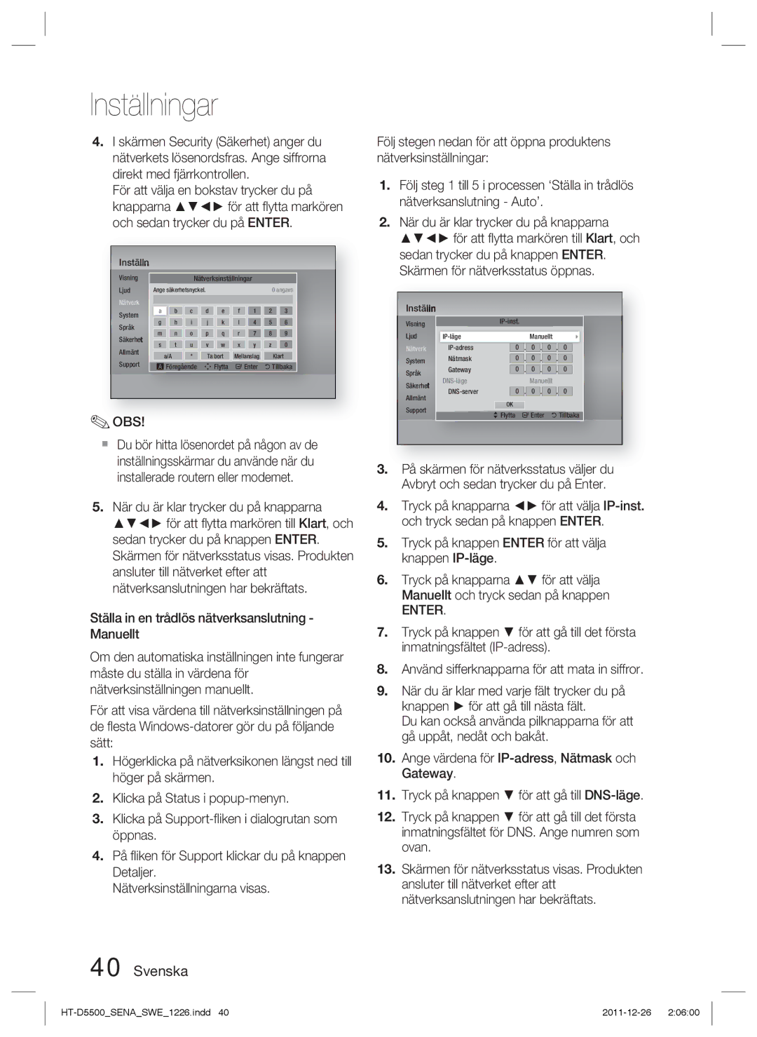 Samsung HT-D5500/XE, HT-D5530/XE, HT-D5550/XE manual Visning Nätverksinställningar 