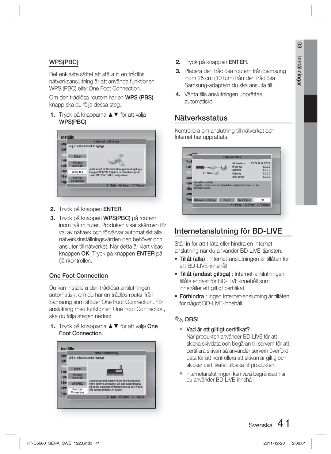 Samsung HT-D5550/XE manual Nätverksstatus, Internetanslutning för BD-LIVE, One Foot Connection, Tryck på knappen Enter 