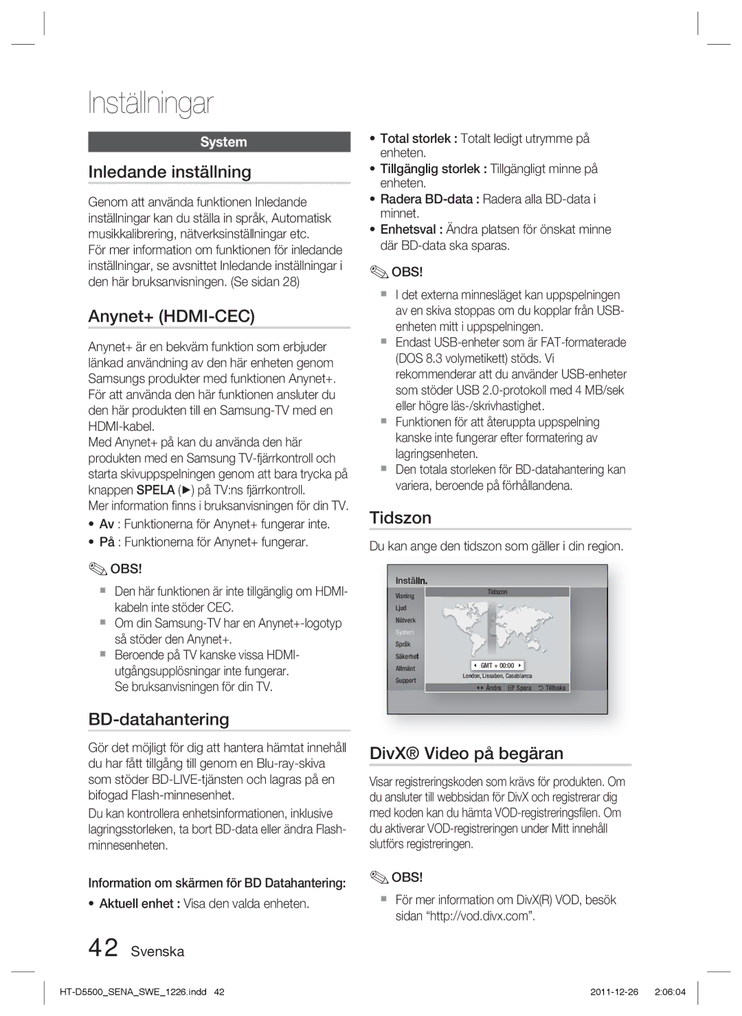 Samsung HT-D5530/XE, HT-D5500/XE Inledande inställning, Anynet+ HDMI-CEC, BD-datahantering, Tidszon, DivX Video på begäran 