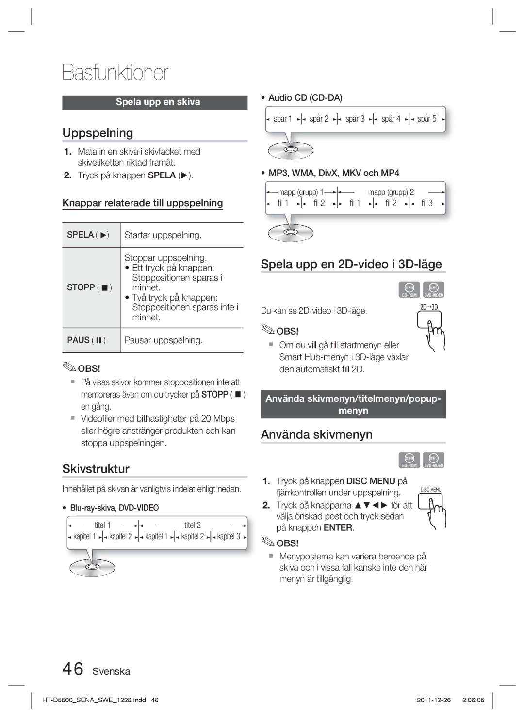 Samsung HT-D5500/XE manual Basfunktioner, Uppspelning, Skivstruktur, Spela upp en 2D-video i 3D-läge, Använda skivmenyn 