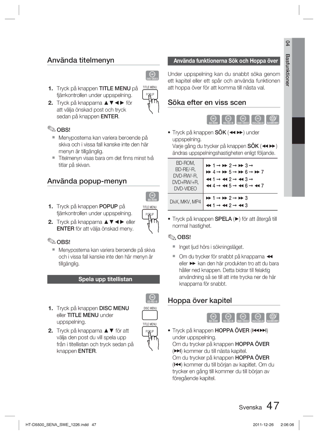 Samsung HT-D5550/XE, HT-D5530/XE manual Använda titelmenyn, Söka efter en viss scen, Använda popup-menyn, Hoppa över kapitel 