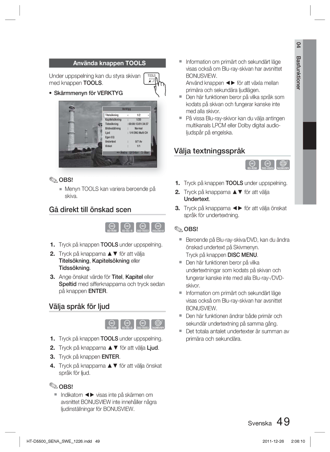 Samsung HT-D5500/XE manual Gå direkt till önskad scen, Välja språk för ljud, Välja textningsspråk, Använda knappen Tools 