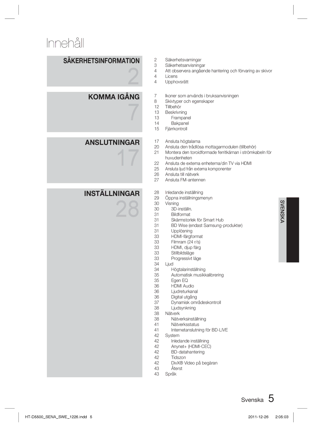 Samsung HT-D5550/XE, HT-D5530/XE, HT-D5500/XE manual Innehåll 