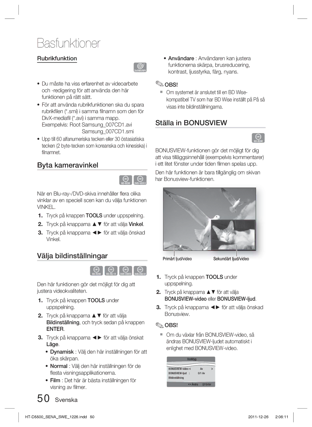 Samsung HT-D5550/XE, HT-D5530/XE Byta kameravinkel, Ställa in Bonusview, Välja bildinställningar, Rubrikfunktion, Vinkel 