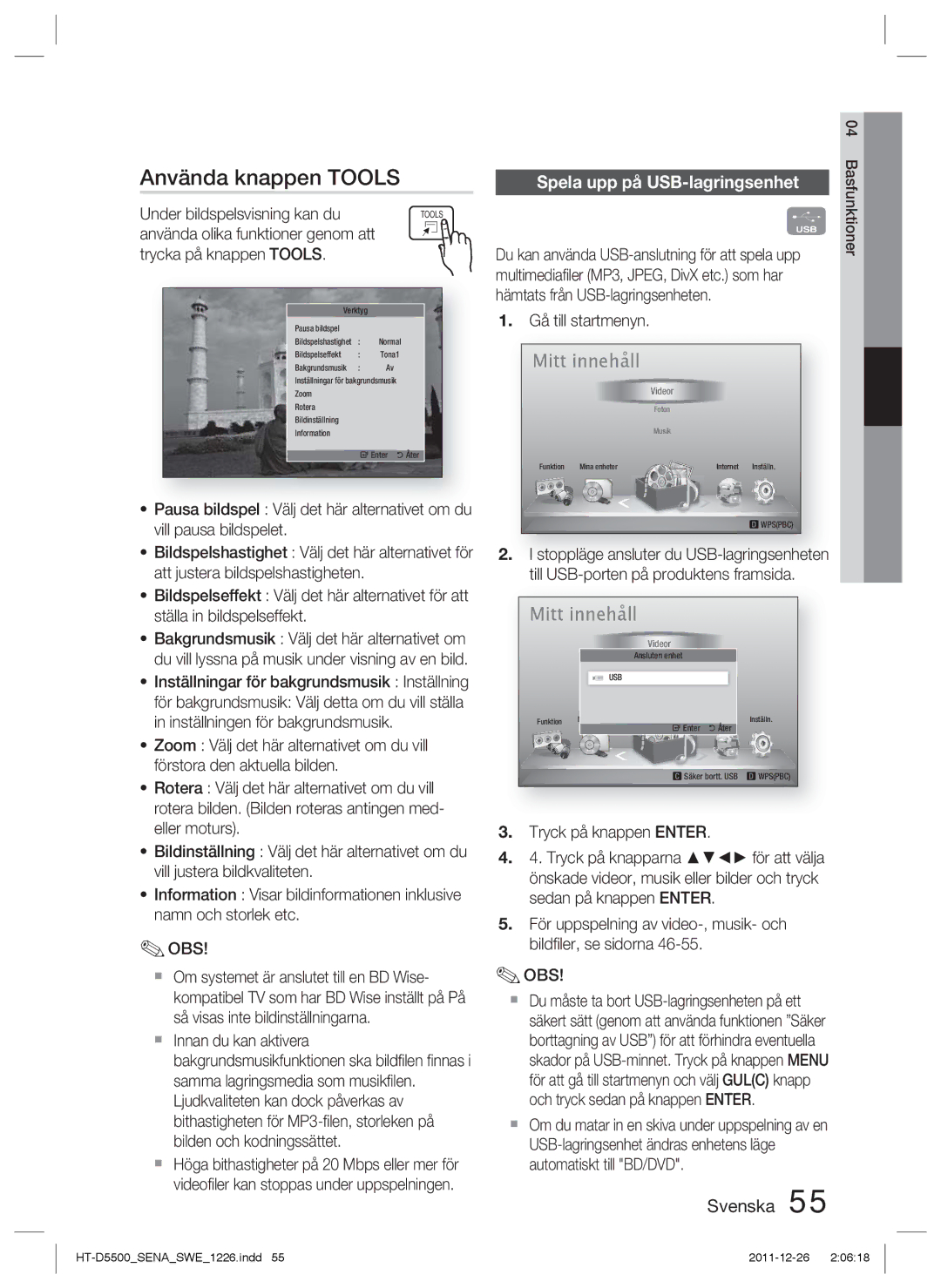 Samsung HT-D5500/XE, HT-D5530/XE manual Använda knappen Tools, Spela upp på USB-lagringsenhet, Under bildspelsvisning kan du 