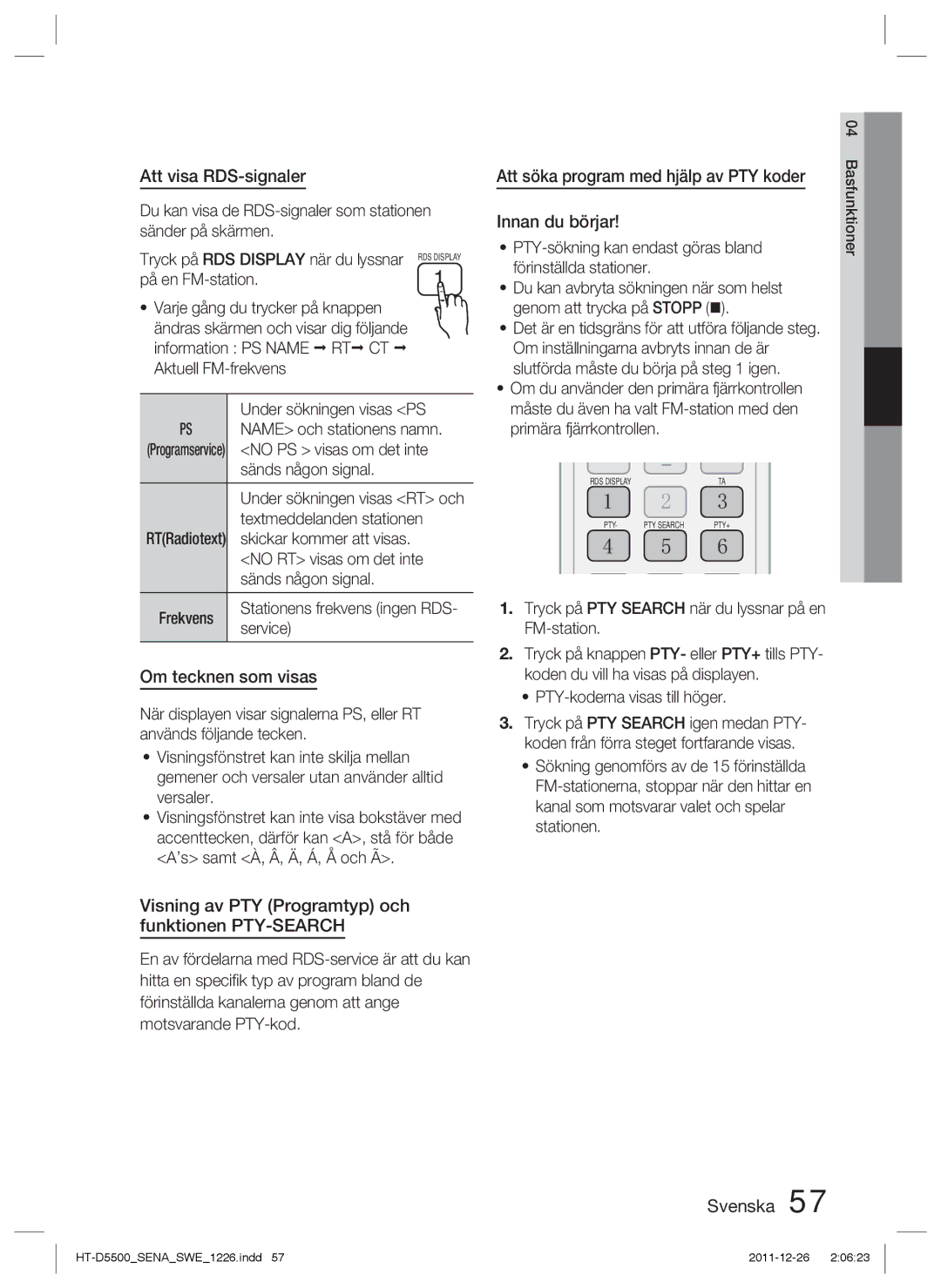 Samsung HT-D5530/XE Att visa RDS-signaler, Om tecknen som visas, Att söka program med hjälp av PTY koder Innan du börjar 