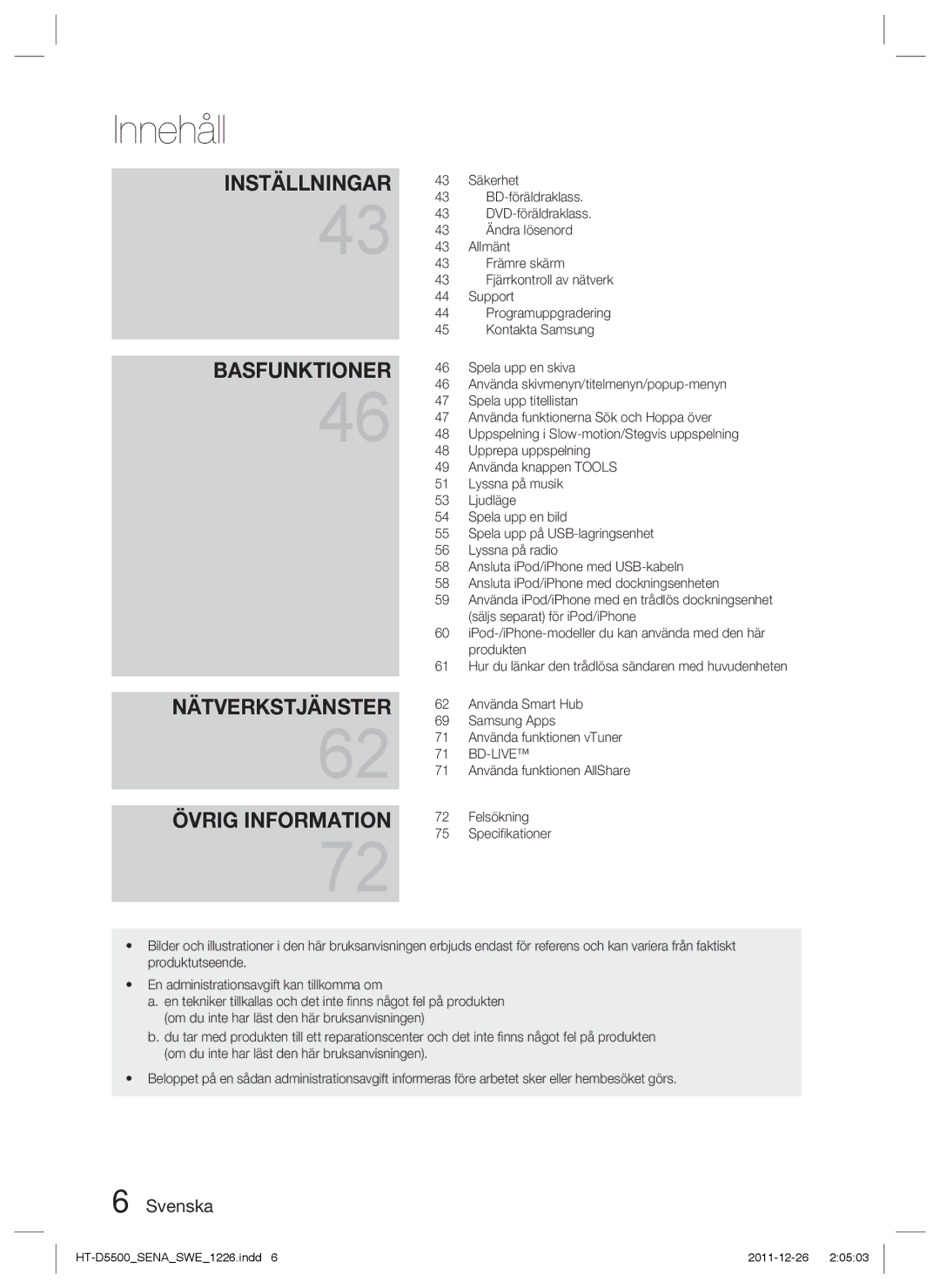 Samsung HT-D5530/XE manual Säkerhet, BD-föräldraklass, DVD-föräldraklass, Ändra lösenord, Allmänt, Främre skärm, Support 