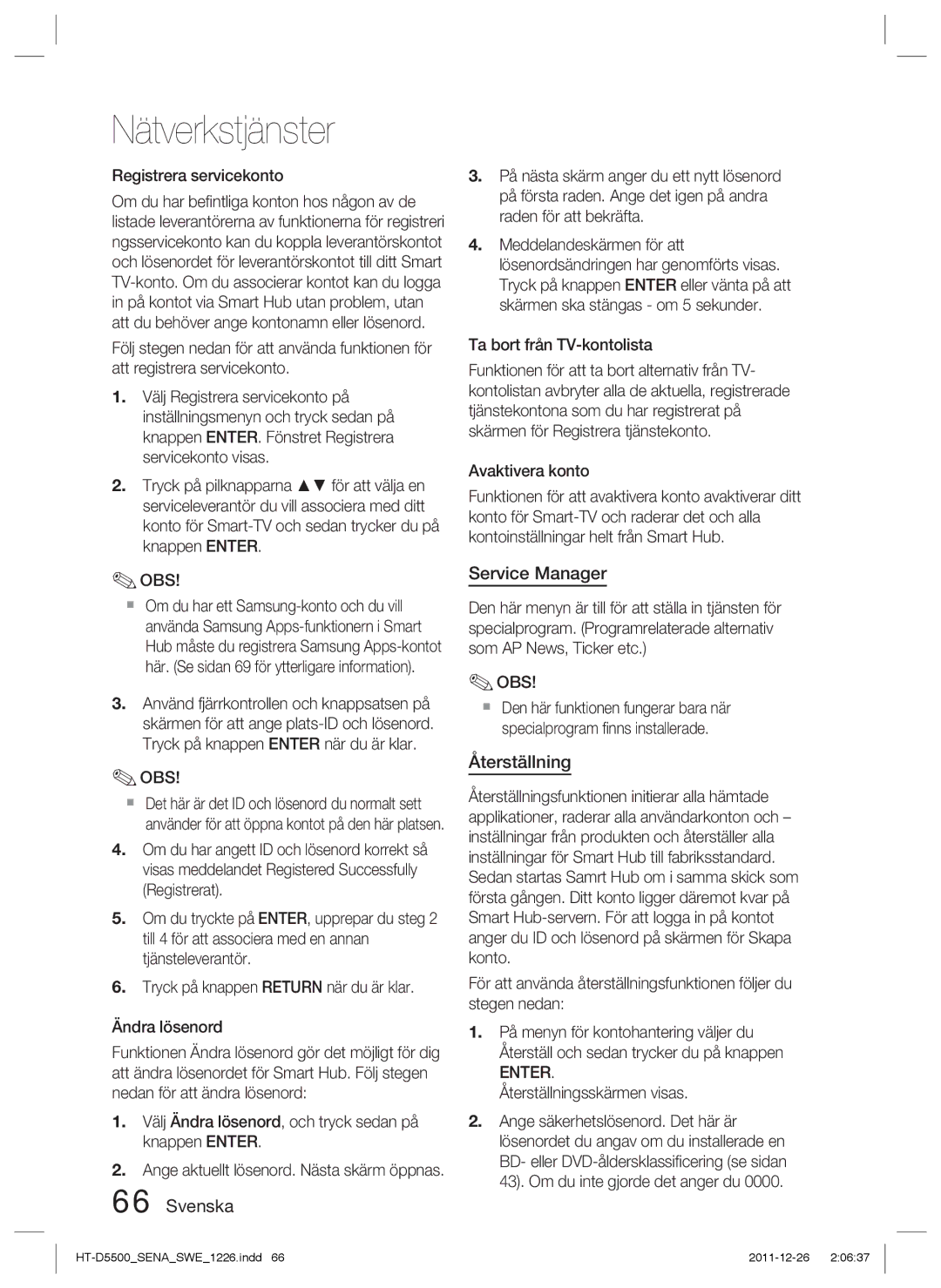 Samsung HT-D5530/XE, HT-D5500/XE manual Service Manager, Återställning, Registrera servicekonto, Ta bort från TV-kontolista 