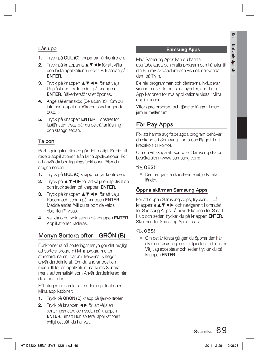 Samsung HT-D5530/XE, HT-D5500/XE, HT-D5550/XE manual Menyn Sortera efter Grön B, För Pay Apps, Samsung Apps 