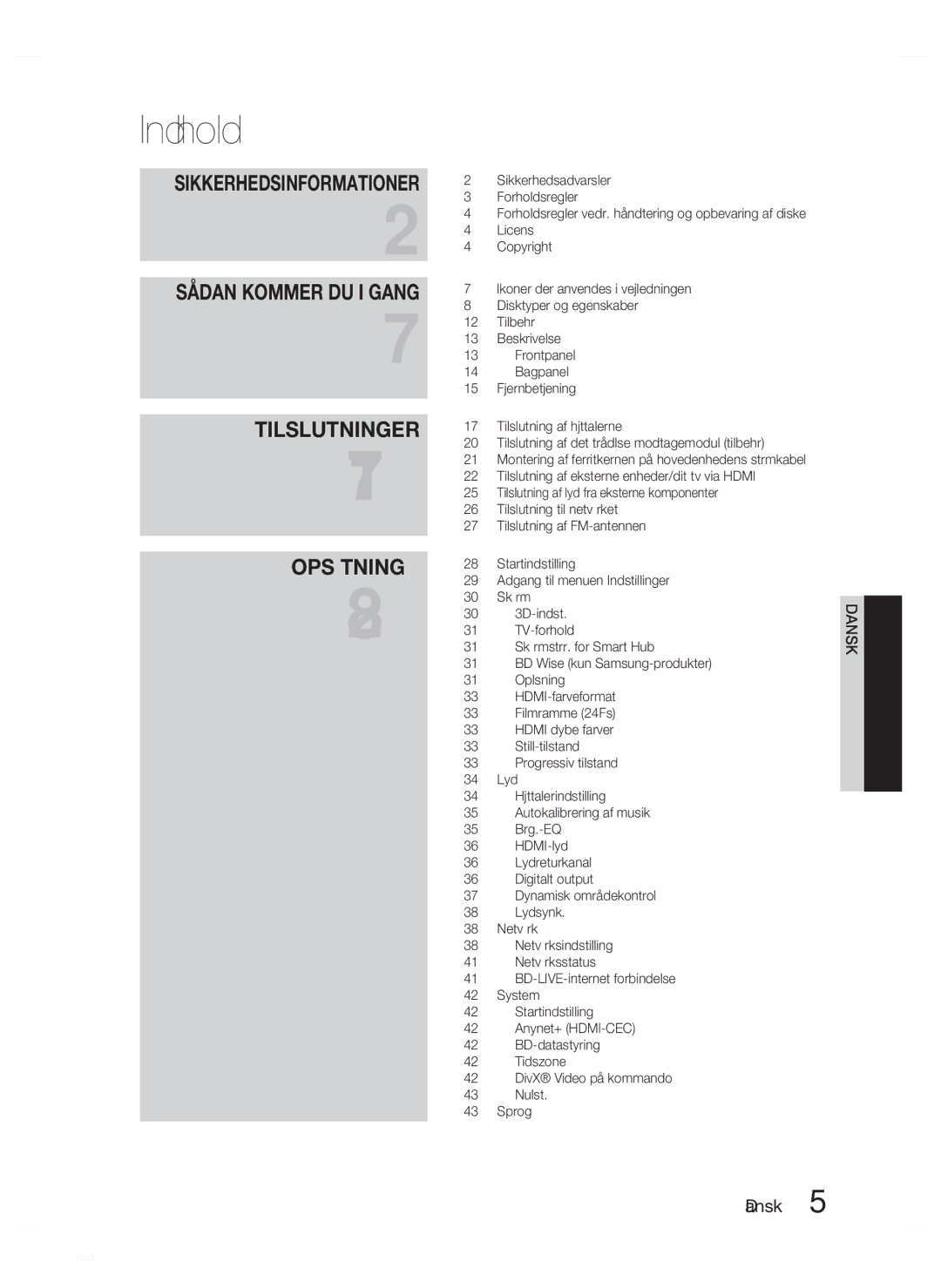 Samsung HT-D5550/XE, HT-D5530/XE, HT-D5500/XE manual Indhold 