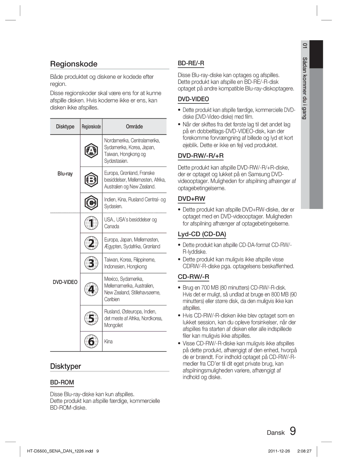 Samsung HT-D5530/XE, HT-D5500/XE, HT-D5550/XE manual Regionskode, Disktyper, Lyd-CD CD-DA 