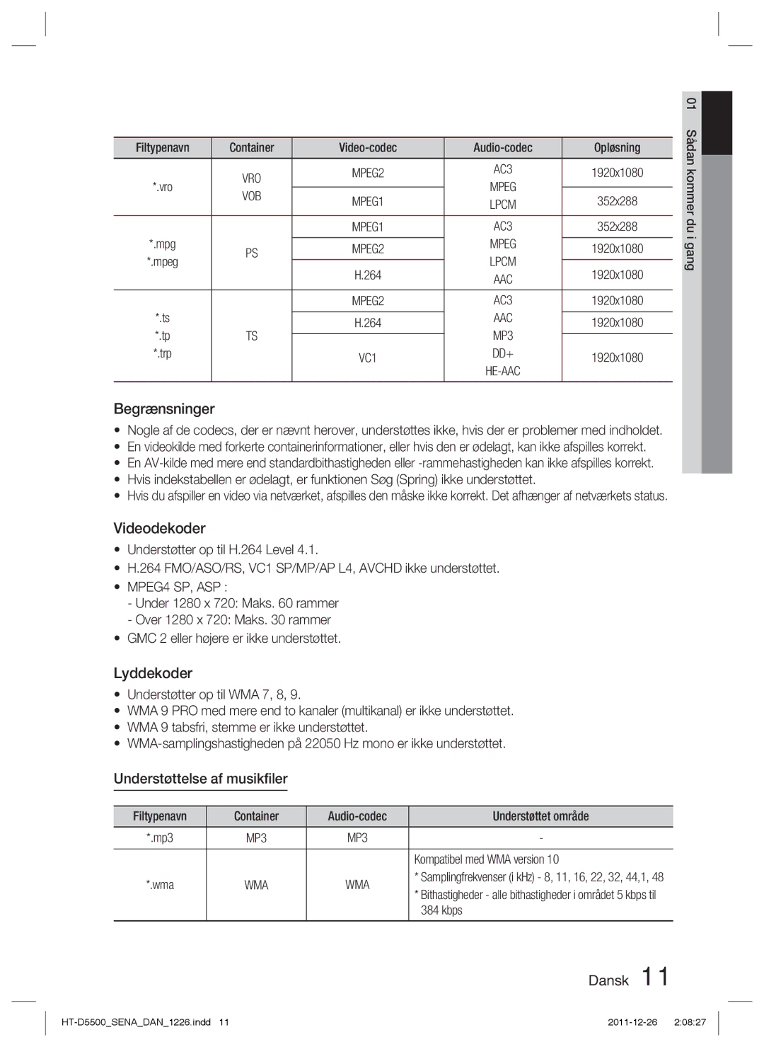 Samsung HT-D5550/XE, HT-D5530/XE, HT-D5500/XE manual Begrænsninger, Lyddekoder, Understøttelse af musikﬁler 