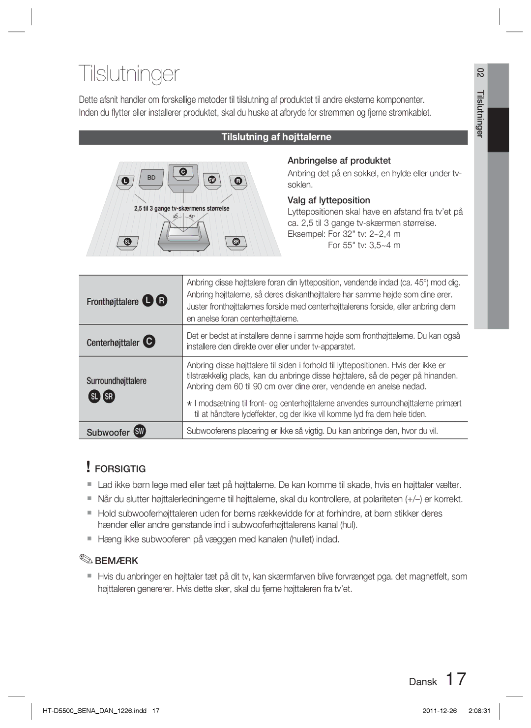 Samsung HT-D5550/XE, HT-D5530/XE, HT-D5500/XE manual Tilslutninger, Tilslutning af højttalerne 