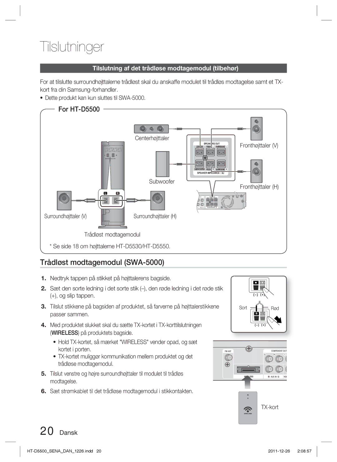 Samsung HT-D5550/XE, HT-D5530/XE manual Trådløst modtagemodul SWA-5000, Tilslutning af det trådløse modtagemodul tilbehør 