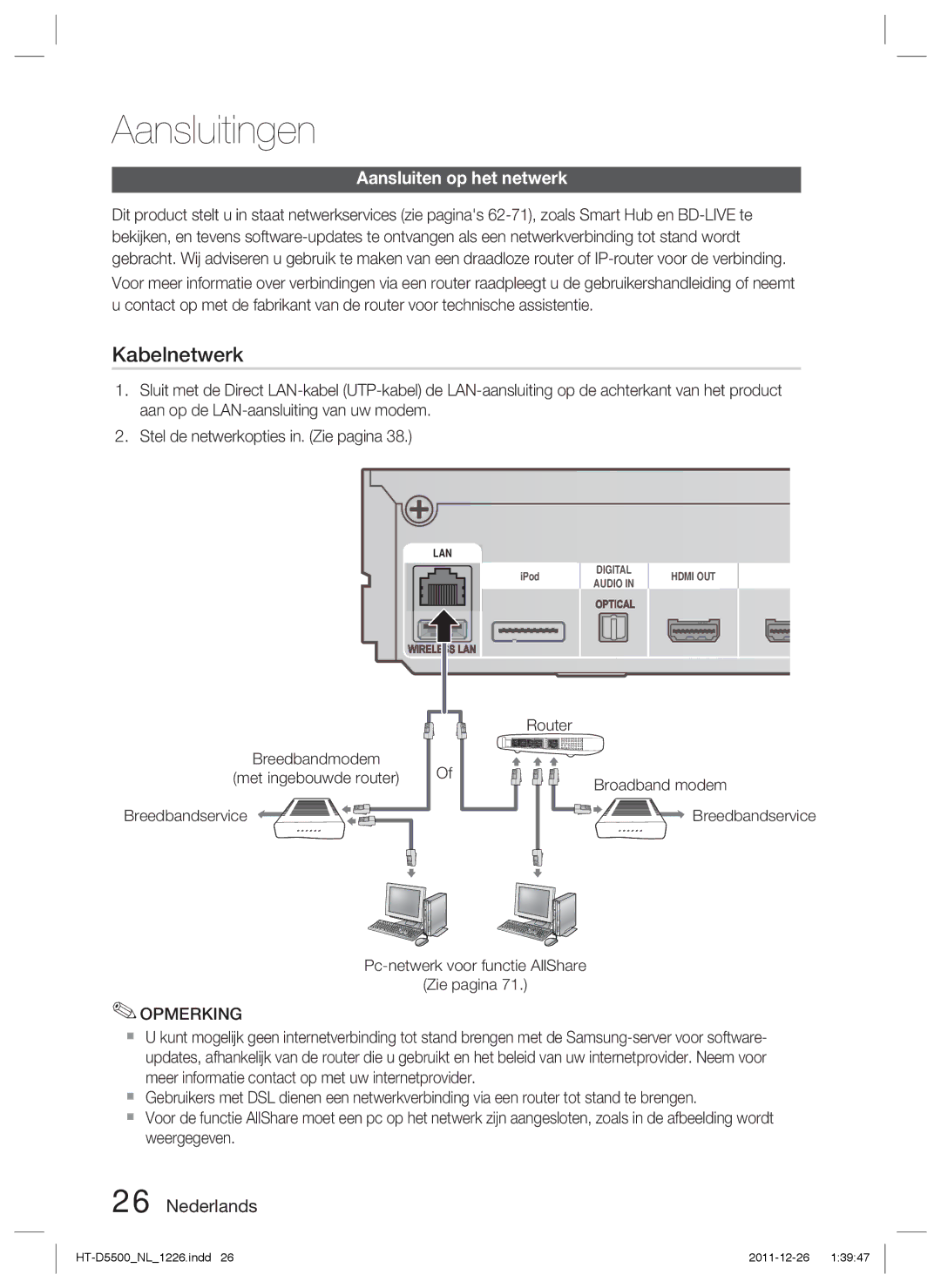 Samsung HT-D5530/XN, HT-D5500/XN manual Aansluiten op het netwerk, Breedbandmodem, Breedbandservice, Met ingebouwde router 